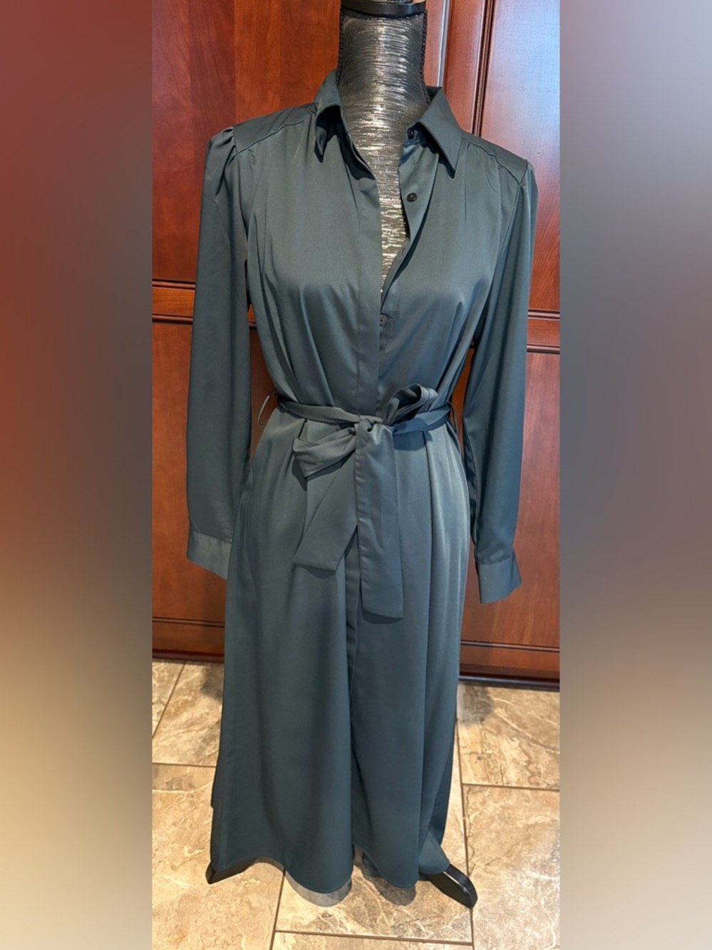 SHEIN Dark Teal Long Sleeve Belted Shirt Dress